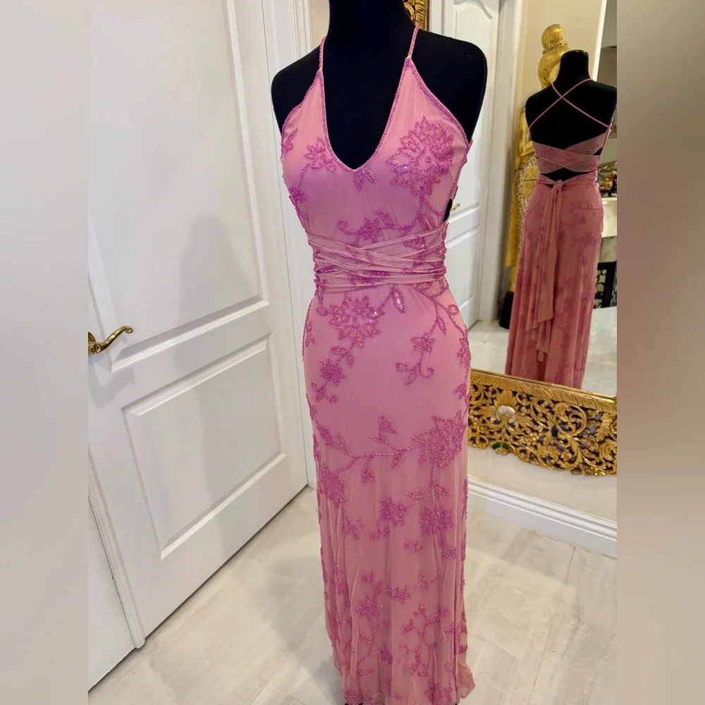 Elegant dusty Pink hand, beaded, designer Evening Gown can be worn‎ two ways
